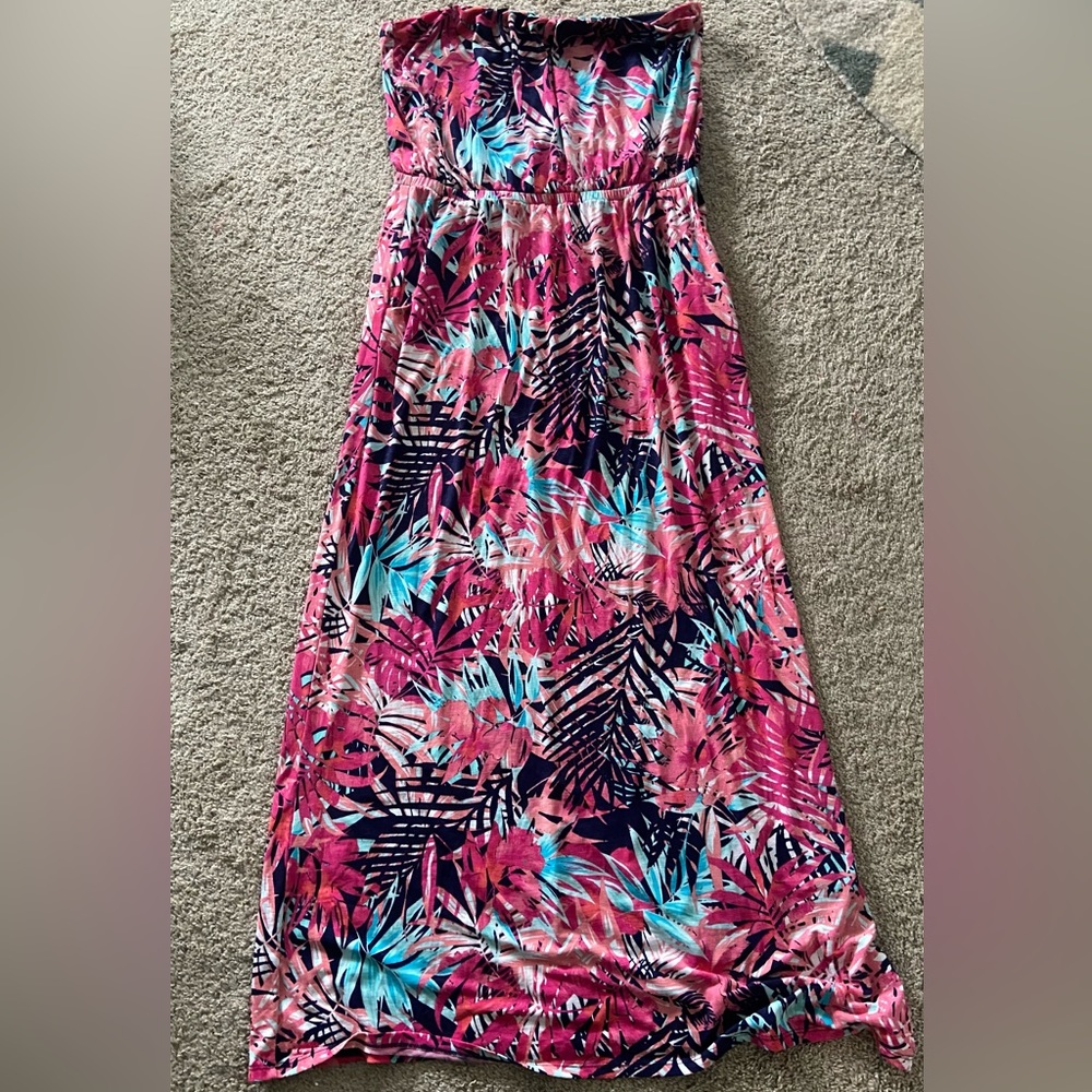 Pink/Navy/Coral/Aqua Strapless Hawaiian Tropical Maxi Dress